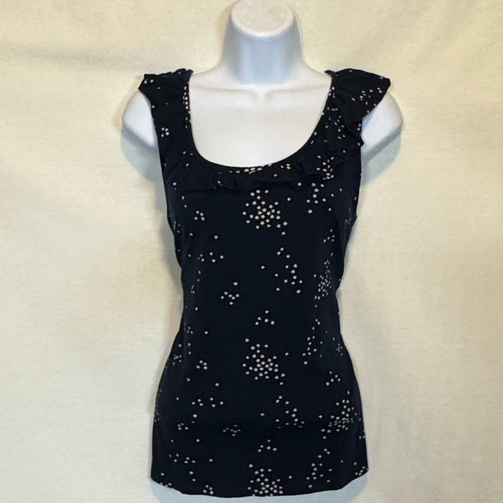 F-73 Cato Blue & White Ruffled Sleeveless Pullover Summer Blouse Size M